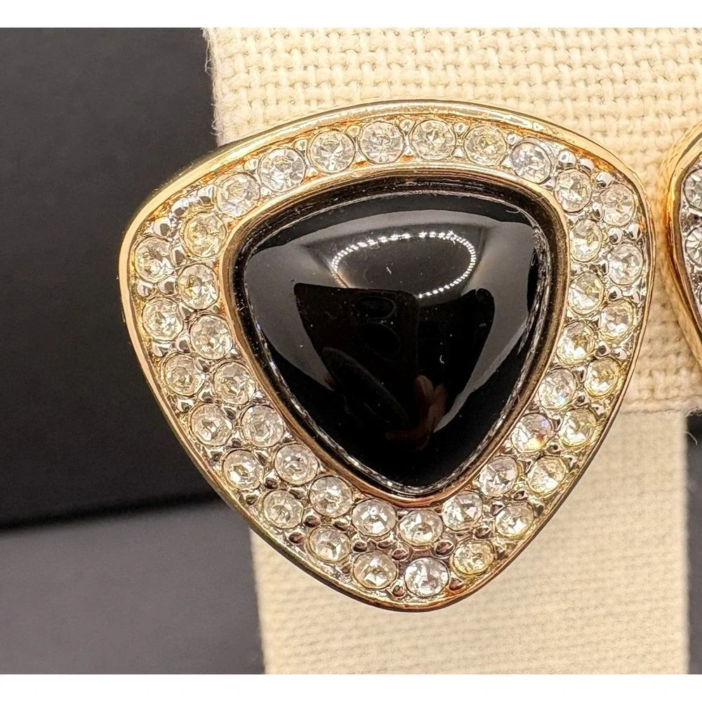 Vintage Swarovski SAL Crystal Pendant Clip‎ Earrings Set Gold Tone Glossy Black